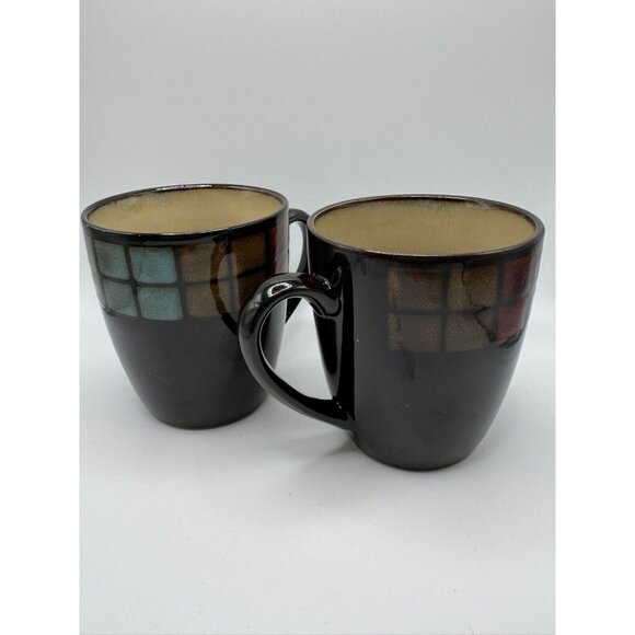 2 Gourmet Basics by Mikasa Antigua Coffee Mugs 4.5" tall Brown base geometric - Picture 3 of 5